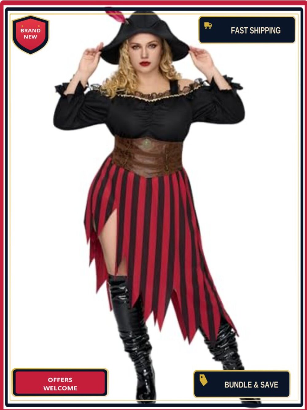 Plus Size Pirate Costume Women Polyester Dress with Hat Halloween Cosplay